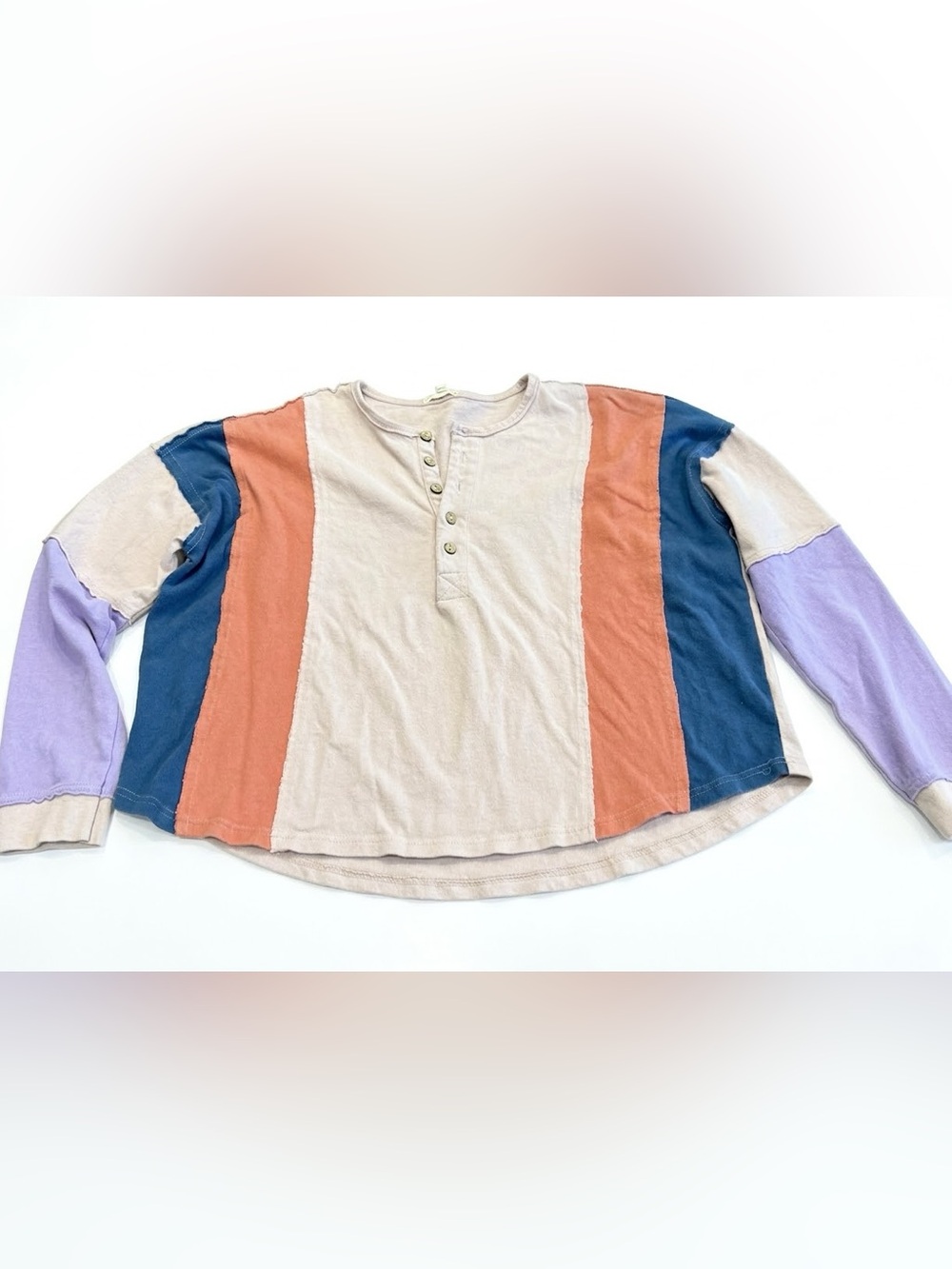 Easel Colorblock Long Sleeve Henley Top Pink & Blue Small